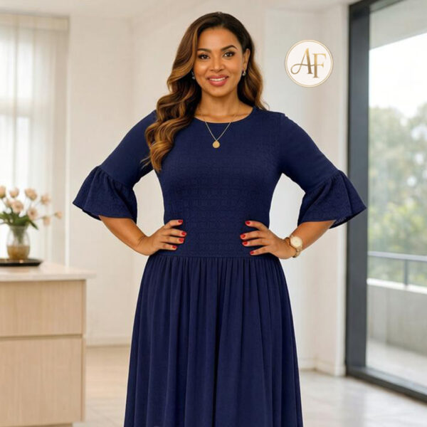 ELEGANT NAVY BLUE PLEATED MIDI DRESS