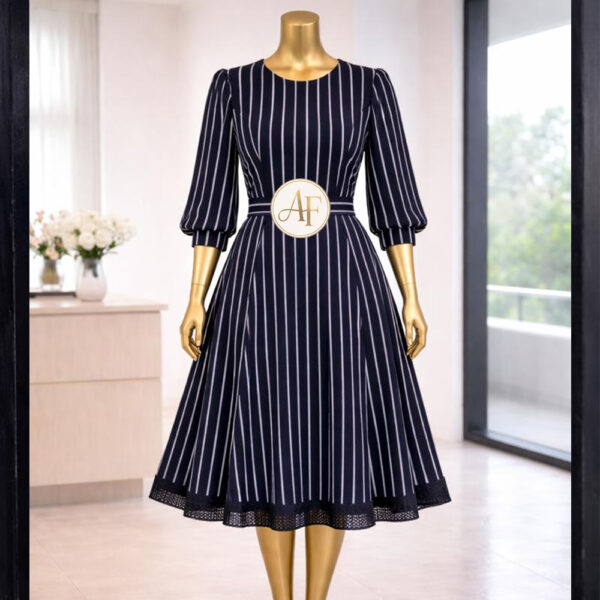 Navy blue, midi-length striped dress